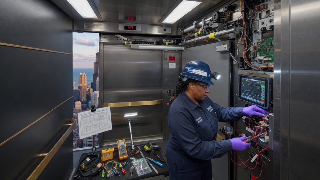 Elevator mechanic repairing elevator equipment in Chicago