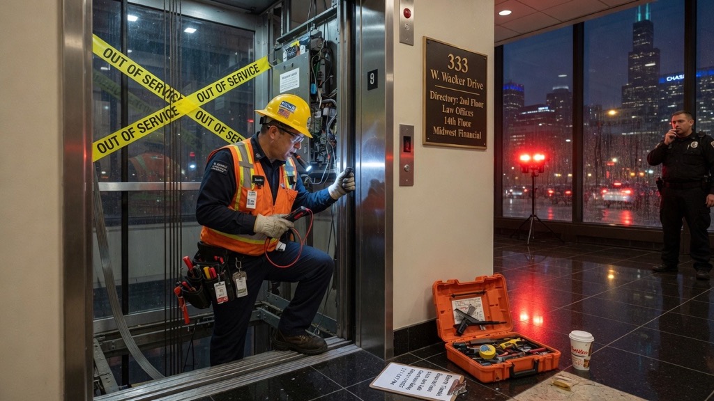 Technician responding to a stuck elevator emergency call in Chicago