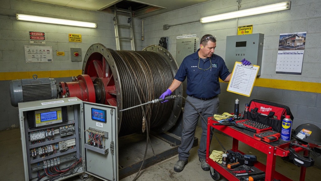 Elevator maintenance technician inspecting equipment in a Chicago commercial building