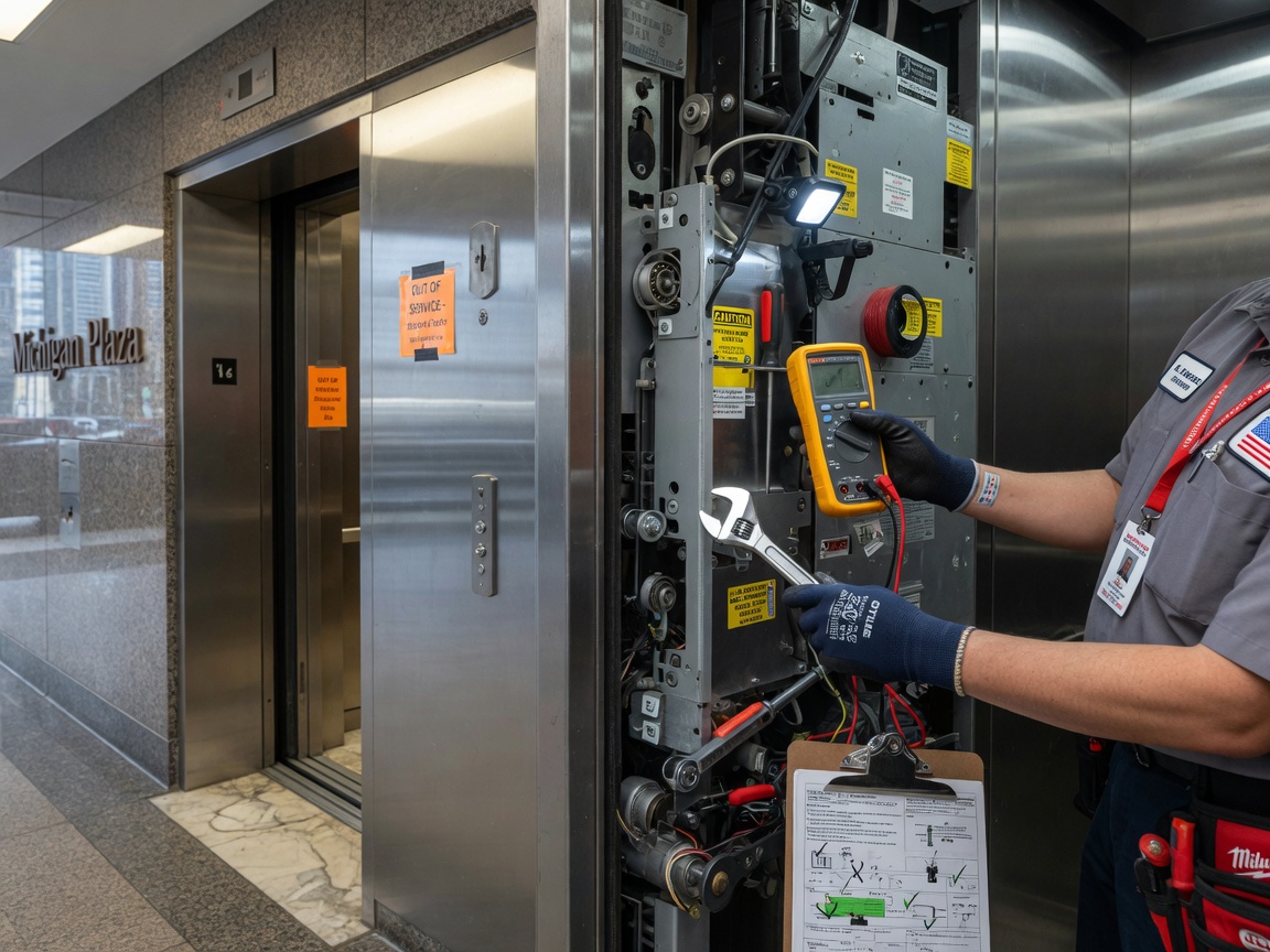 Technician repairing elevator in Chicago building