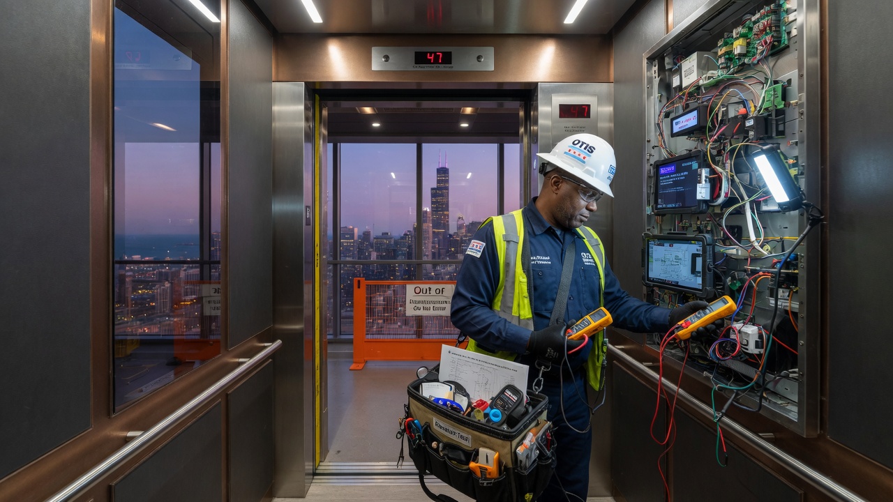 Professional elevator technician performing repair in Chicago high-rise